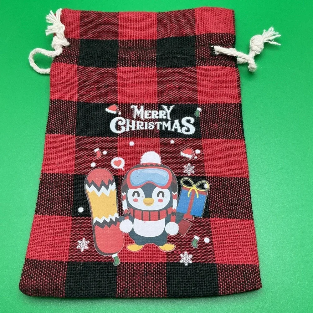 Merry Christmas Reusable Drawstring Red/Black Plaid Gift Bags, Set of‎ 9
